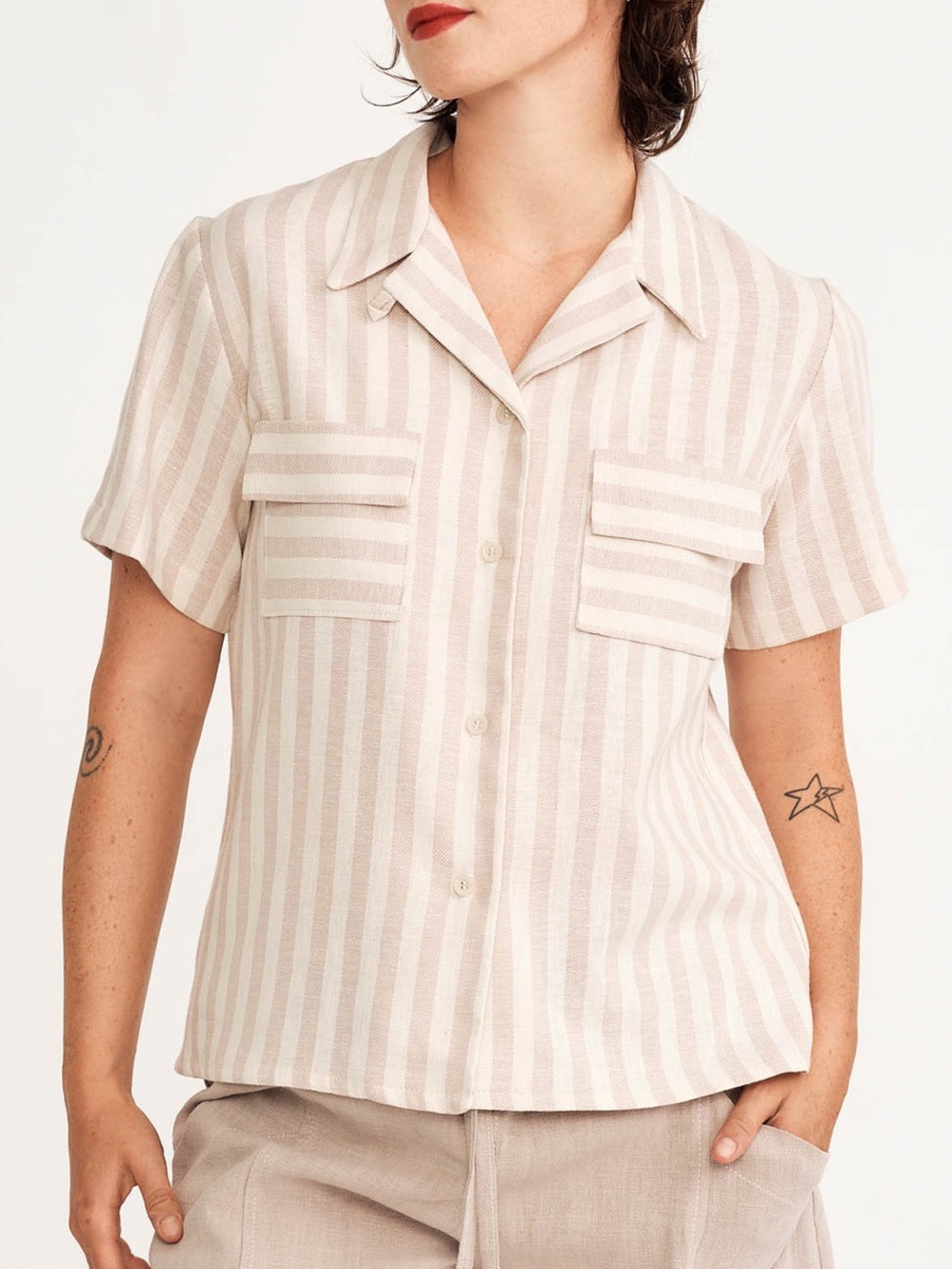 Jennifer Glasgow Egon shirt XL sand stripe short sleeve button up linen timeless